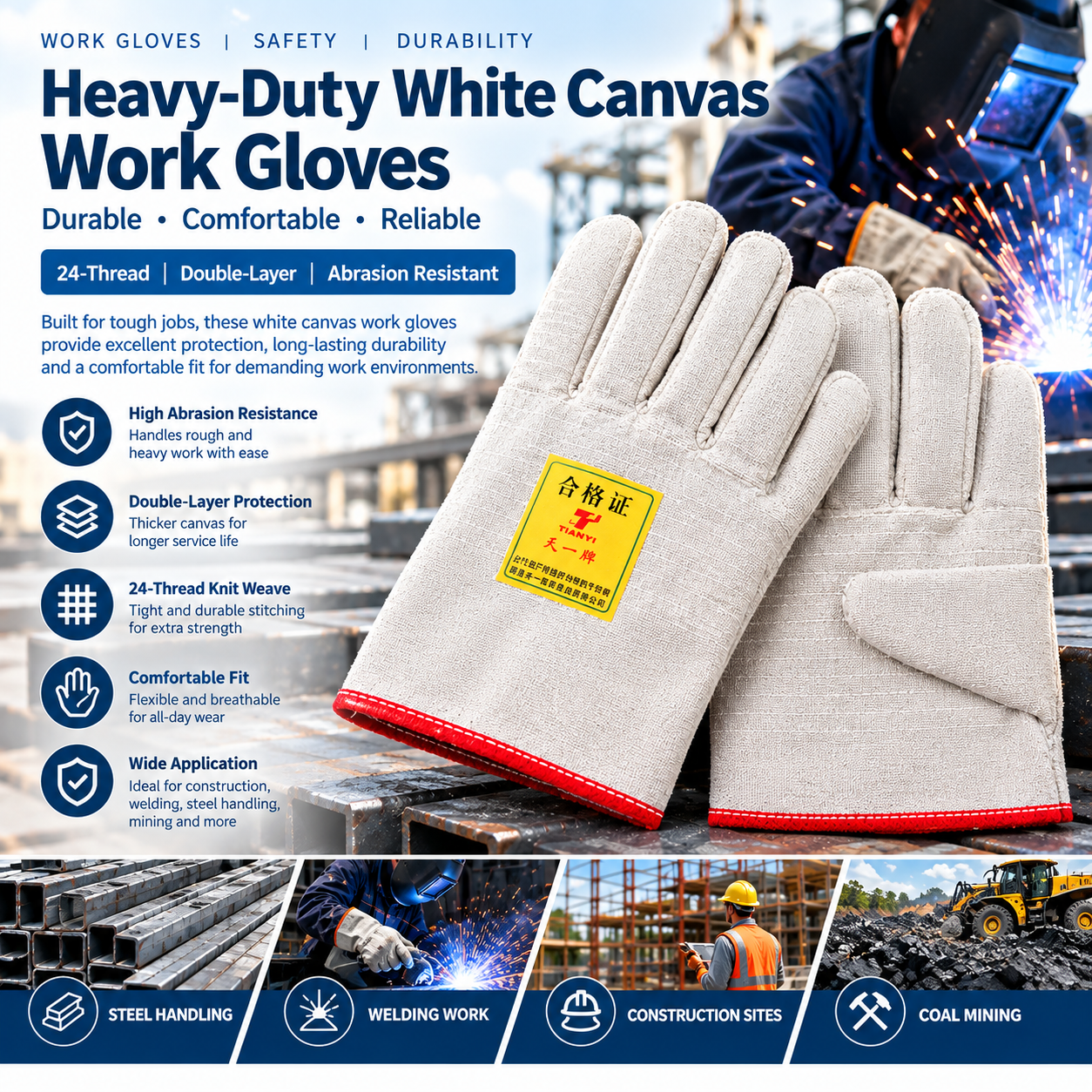 Heavy-Duty 24-Thread Double-Layer White Canvas Work Gloves
